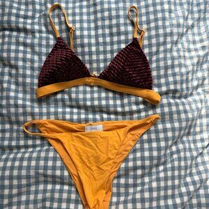 Onia Danni Velvet Diamond Banded Burgundy/ orange Triangle Bikini Set